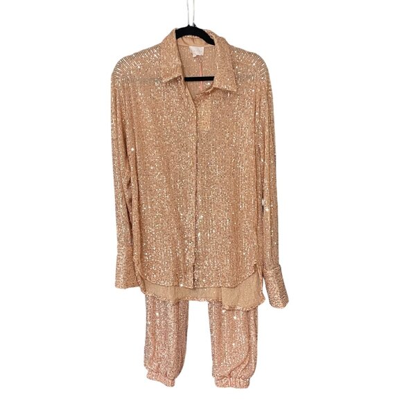 NWT Sequin Rose Gold Lounge Set Top & Jogger Small Entro G-7-28-200 - Picture 1 of 16